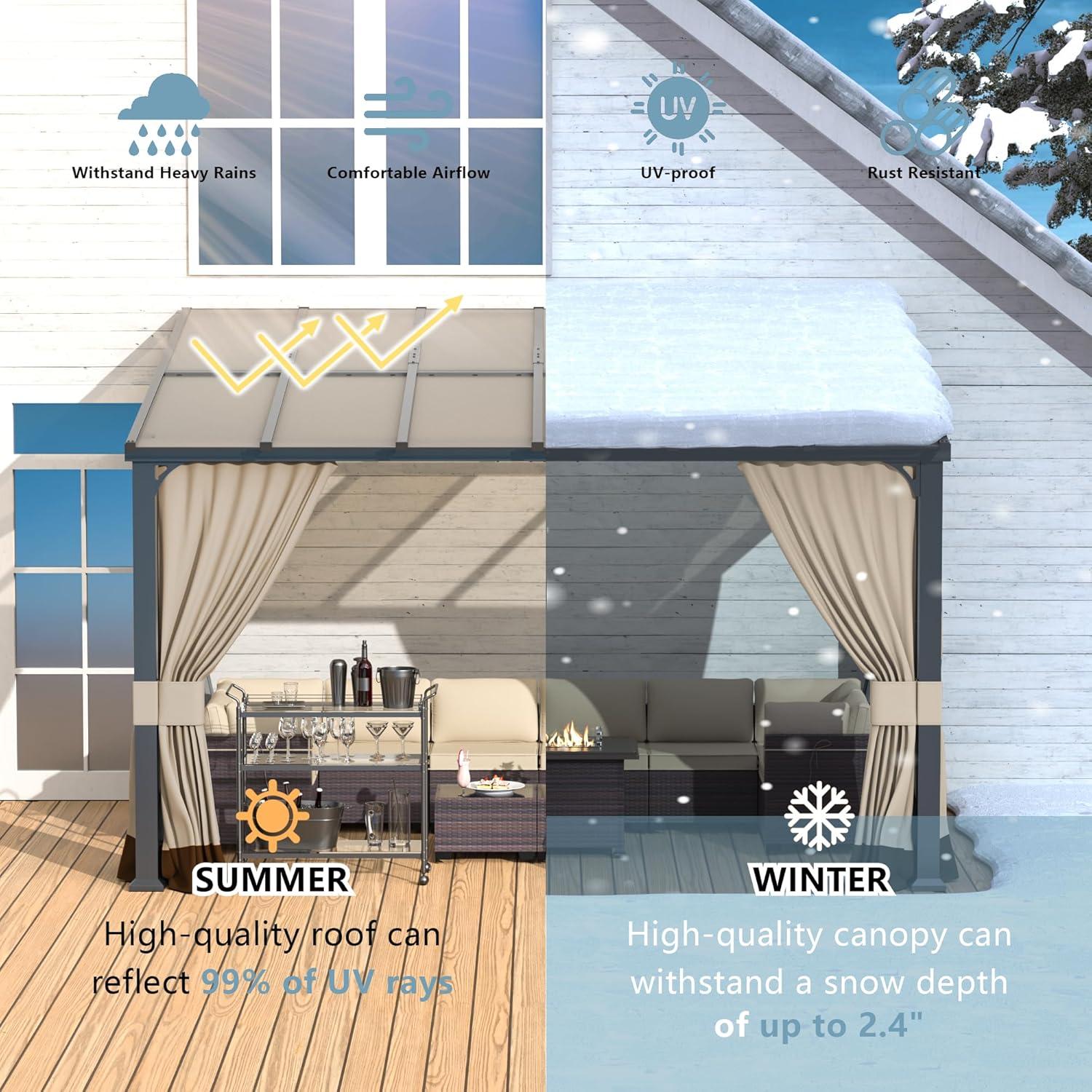 10 ft. x 12 ft. Brown Hardtop Wall Mounted Gazebo with Sloping Pitched Roof and Curtain Sand