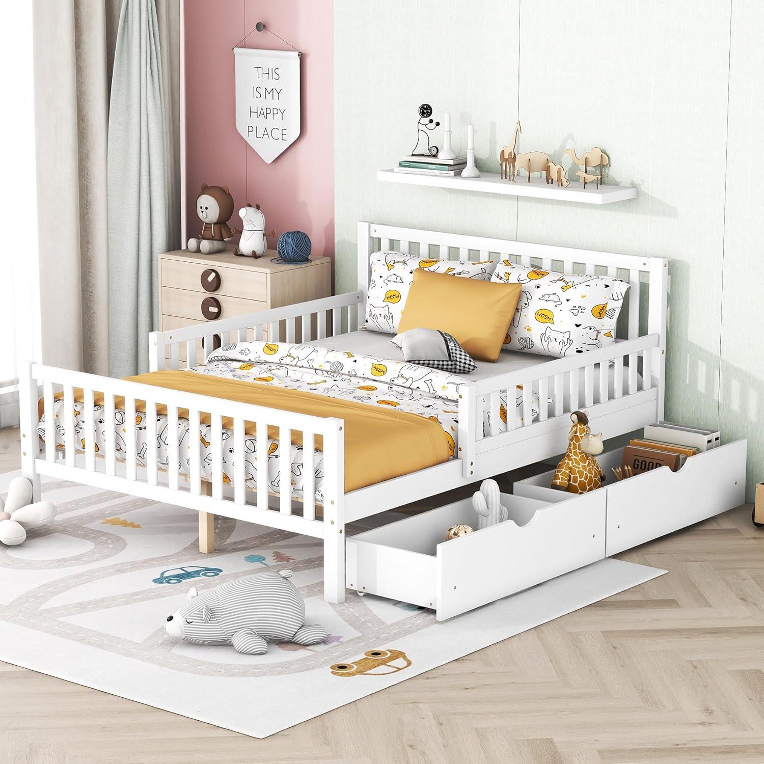 Kids Full Bed with Guardrails, Low Platform Bed with Headboard and Footboard, White Children Bed Frame with 2 Drawers for Boy Girl