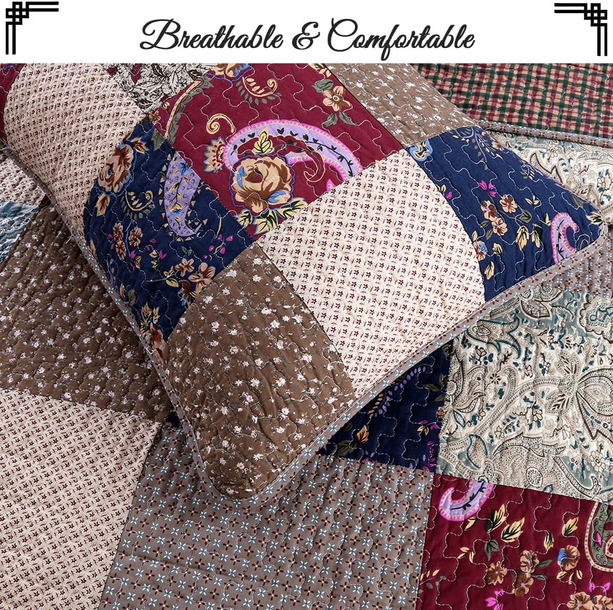 King Size Red and Navy Cotton Reversible Patchwork Quilt Set