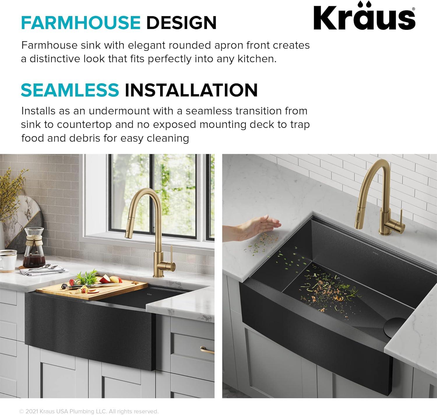 KRAUS Kore™ 27" L Farmhouse Apron Front Workstation 16 Gauge Black Stainless Steel Single Bowl Kitchen Sink