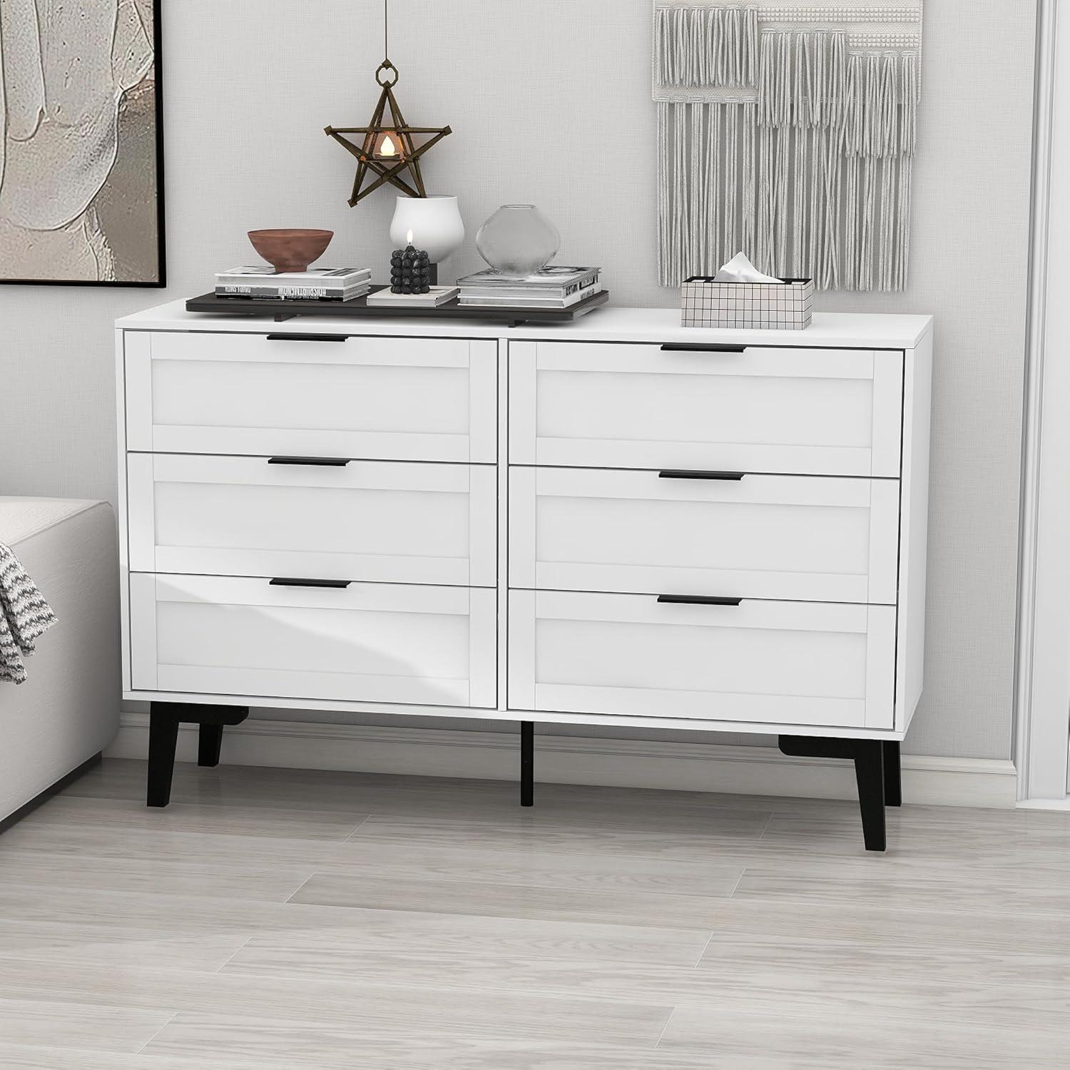 Topcobe 6-Drawer Wide Chest of Drawers, Storage Drawer Organizer, Traditional Bedroom Dresser, Sideboard Buffet for Living Room, White