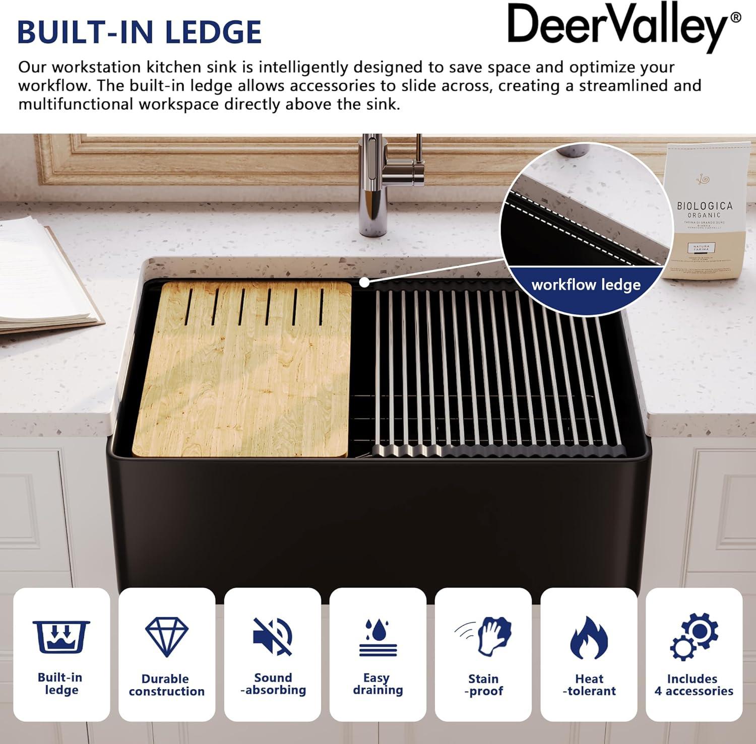 Deervalley 30" L X 20" W Single Basin Workstation Farmhouse Kitchen Sink With Sink Grid, Cutting Board And Dish-Drying Rack