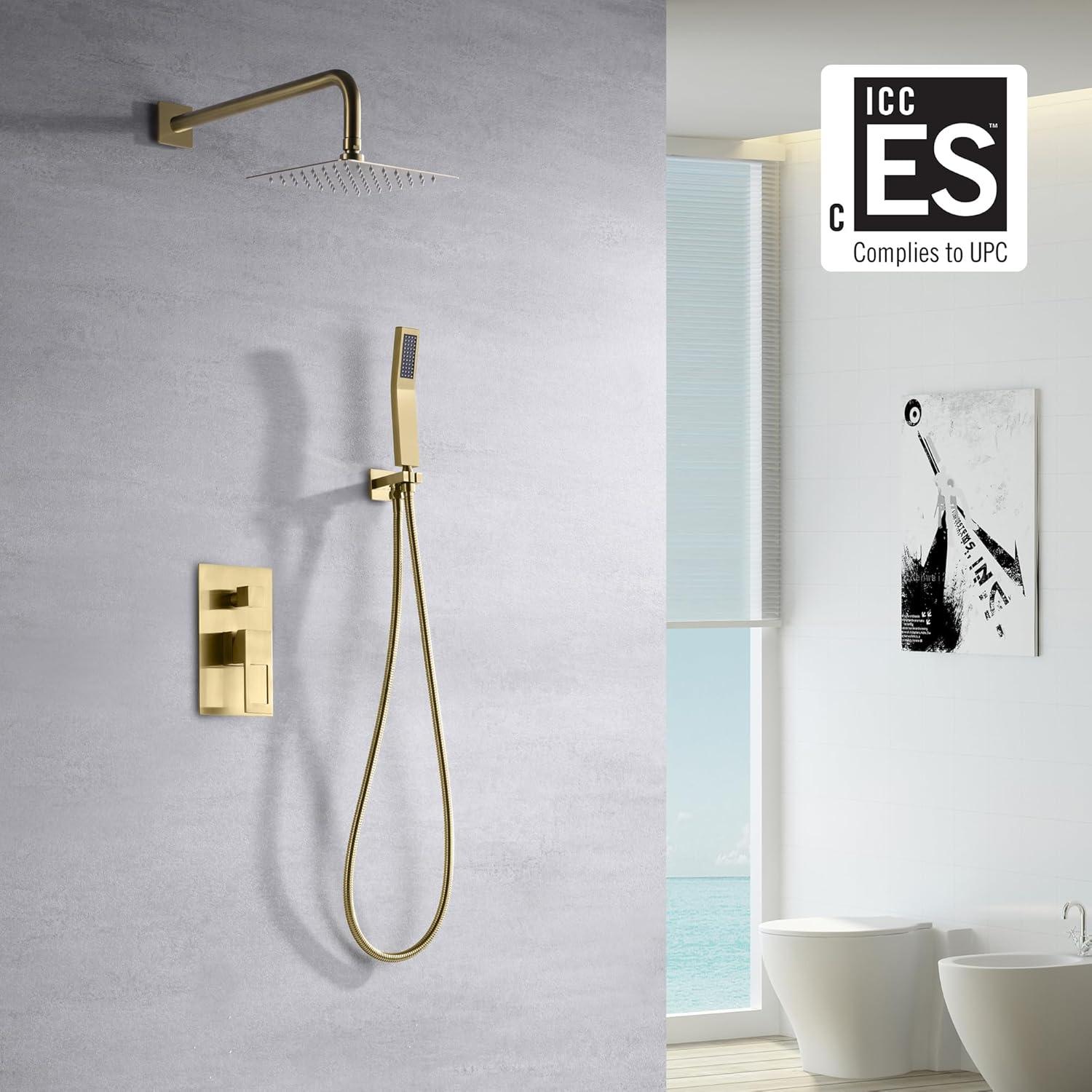 Pressure Balance Shower Faucet System with Valve, Brushed Gold Finish