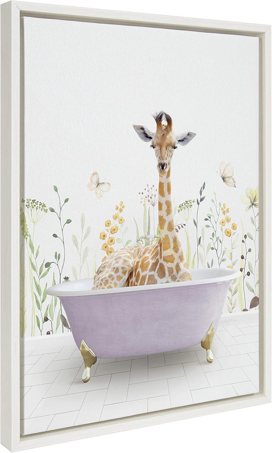 Giraffe in Spring Bath Framed Canvas Wall Art, 18x24, White