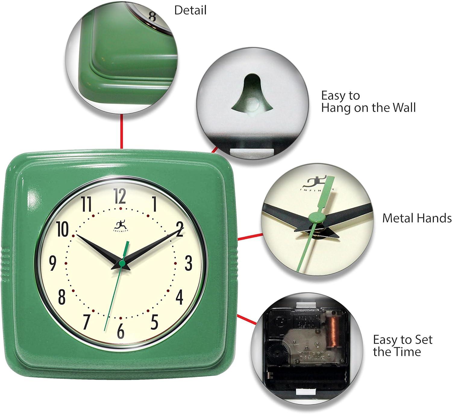 Green Retro Silent Square Kitchen Wall Clock with Quartz Movement