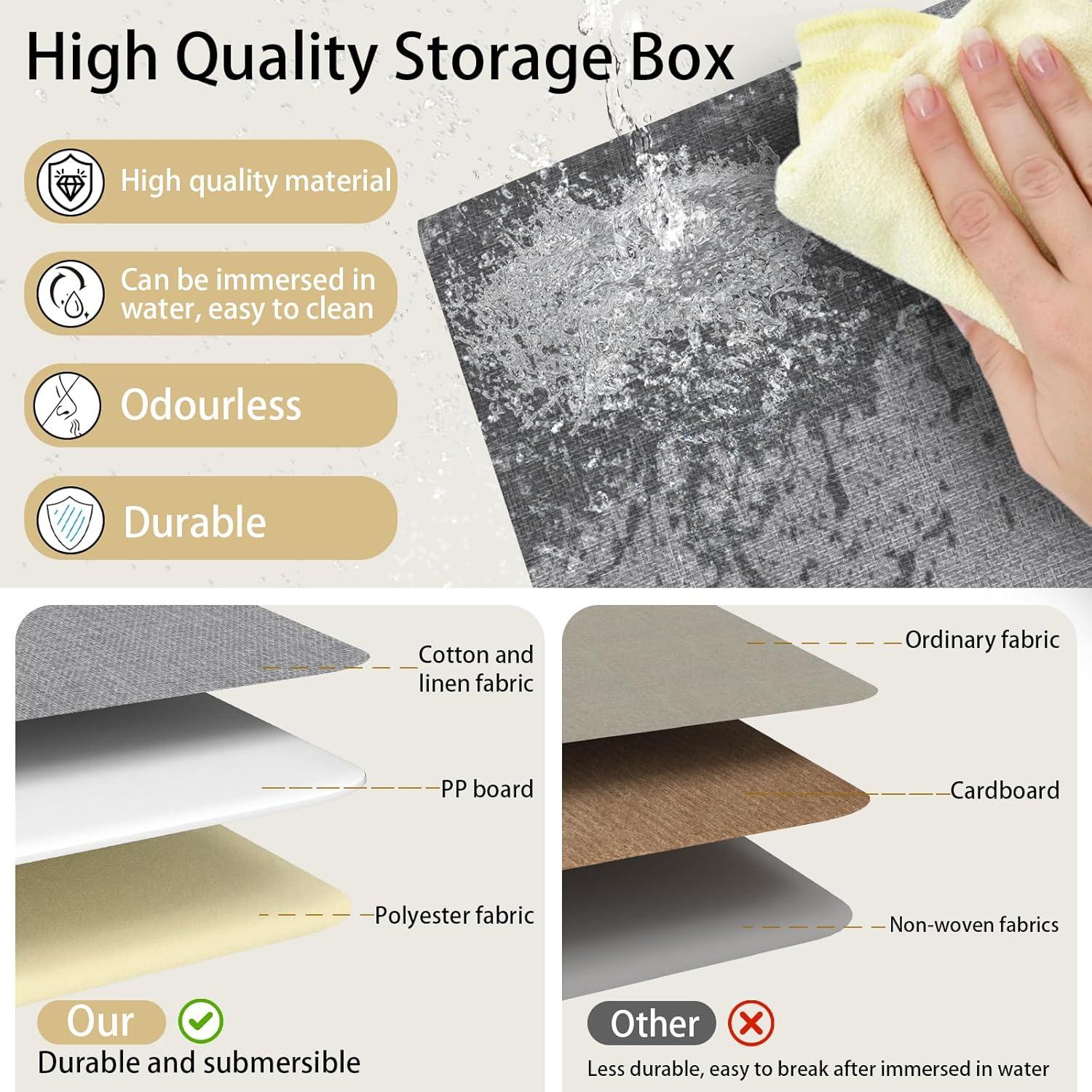 Yawinhe Storage Boxes with Lids, Linen Fabric Bin, Cube Organizer Basket, Washable and Leather Handle, for Home, Closet, White/Grey, 15.0''Lx9.8''Wx9.8''H, 1-Pack, USNK024WGL-1