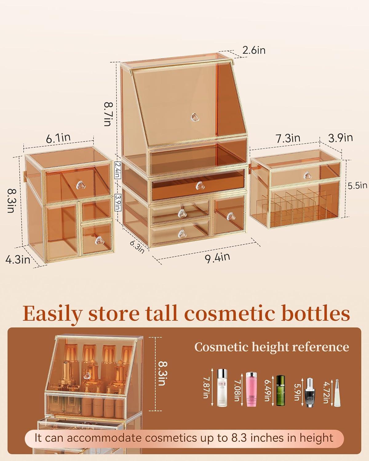 Extra Large Makeup Organizer, Glass Cosmetic Storage with Drawers, Stackable Makeup and Jewelry Organizer for Vanity Table, Bathroom Countertop, Skincare, Lipsticks, Perfume, Brushes