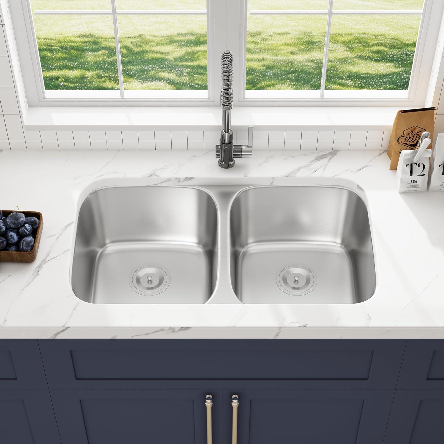 Blenzia 32 Inch Double Bowl Kitchen Sink 50/50 Undermount 304 Stainless Steel 18 Gauge 32" X 18" X 9"