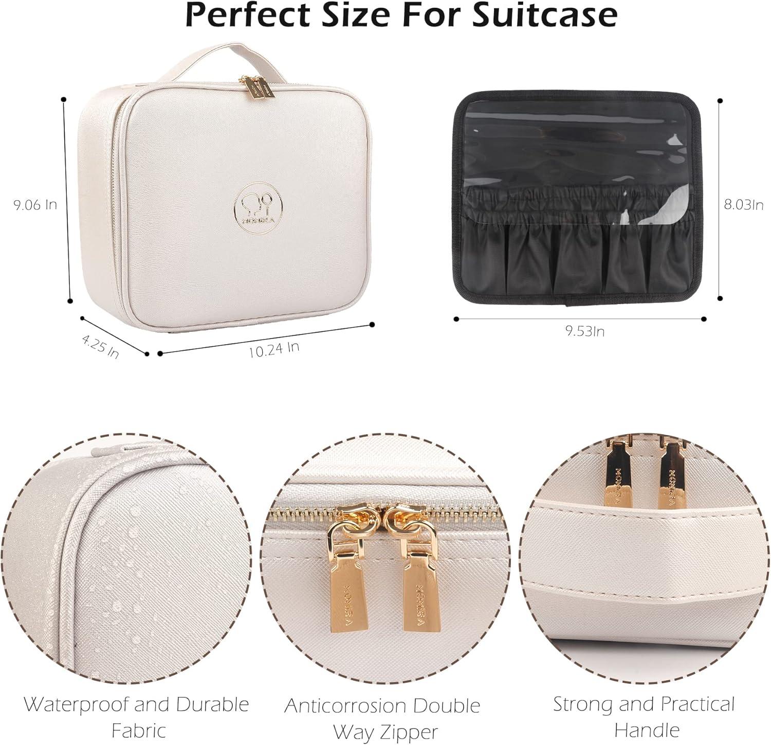 MOMIRA Makeup Bag with Mirror and Light Travel Makeup Train Case Cosmetic Bag Organizer Portable Artist Storage Bag with Adjustable Dividers Makeup Brushes Storage Organizer Brilliant Creamy White