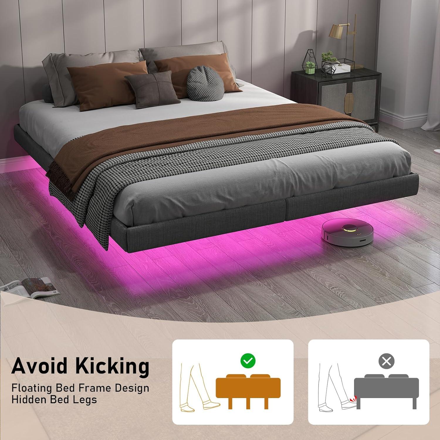 Floating Bed Frame With Led Lights Metal Platform Bed, No Squeak