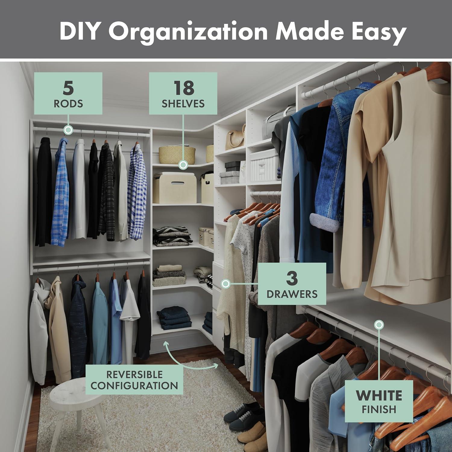 White Wood Ultimate Corner Closet Organizer with Drawers