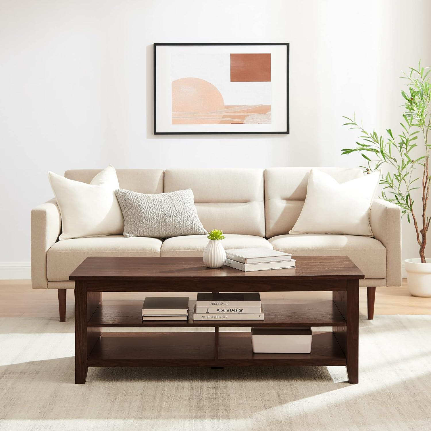 Miekor Furniture Coastal Grooved Panel Coffee Table with Lower Shelf – Dark Walnut B5A5767