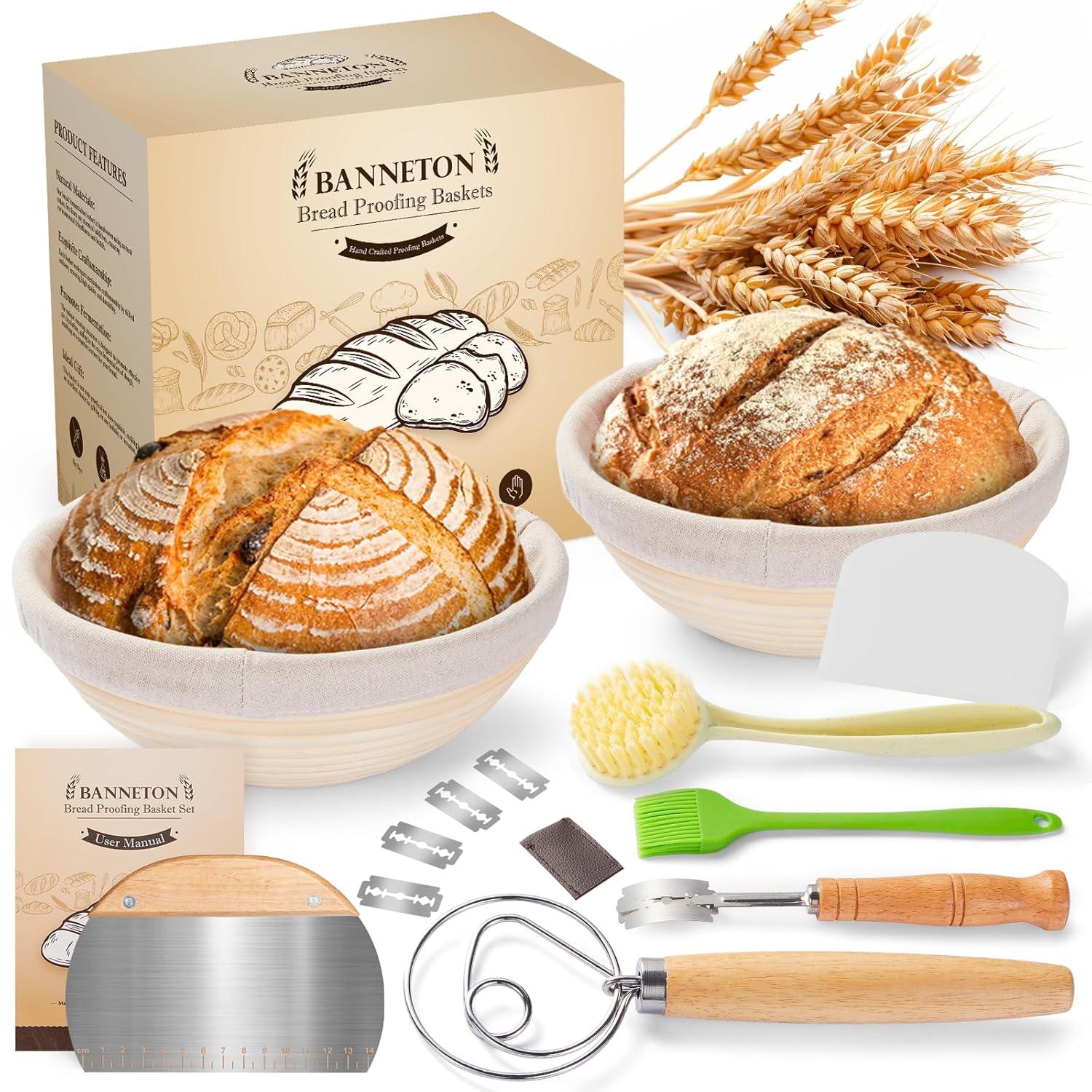 Banneton Bread Proofing Basket - Sourdough Starter Kit Banneton Sourdough Proofing Basket Set of 2, Sourdough Bread Baking Supplies for Making Baking Fermentation (9" Round & 10" Oval, 6 Accessories)