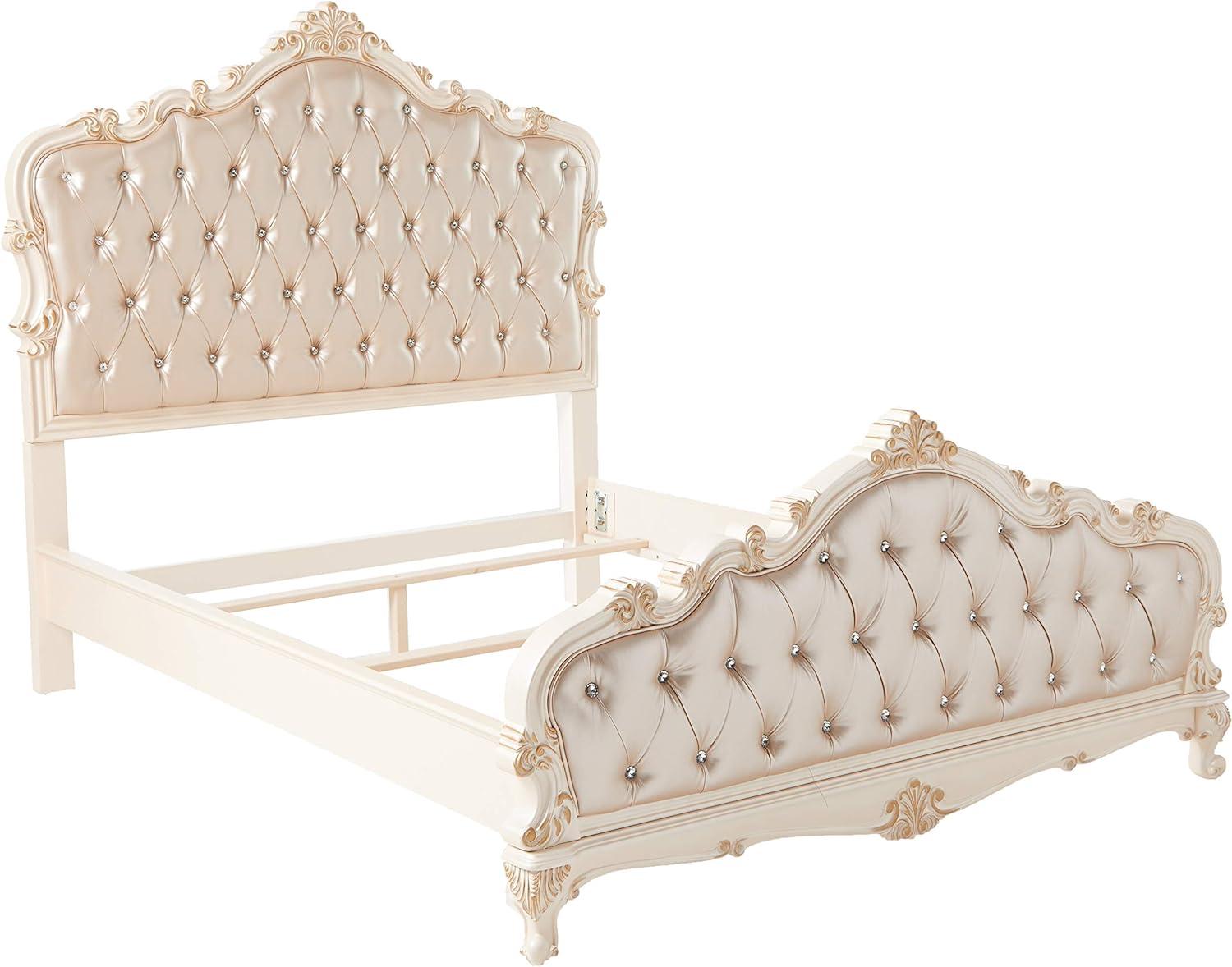 Chantelle Queen Bed with Tufted Faux Leather Headboard in Rose Gold and White