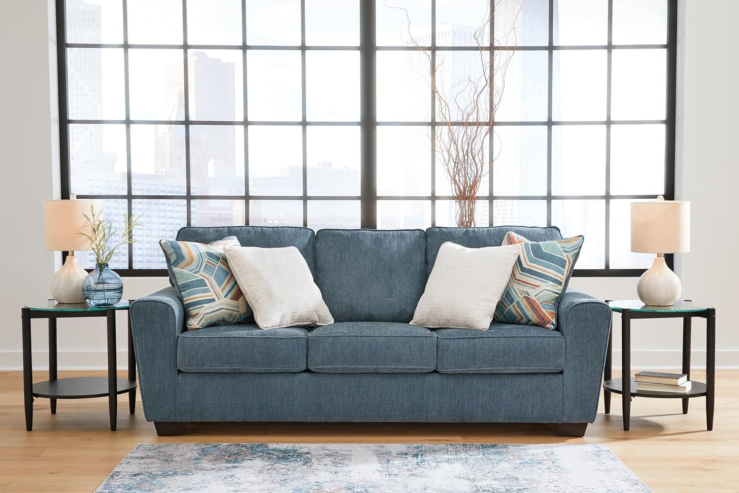 87" Blue Polyester Track Arm Sofa with Accent Pillows