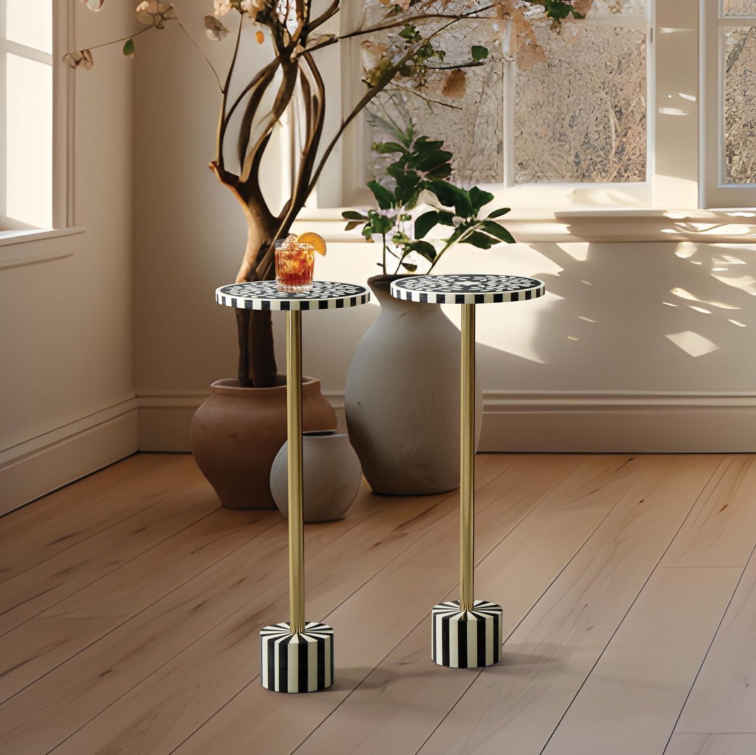 OSP Home Furnishings Round Side Table, Set of 2, Mosaic Black and White Top with Black Metal Base