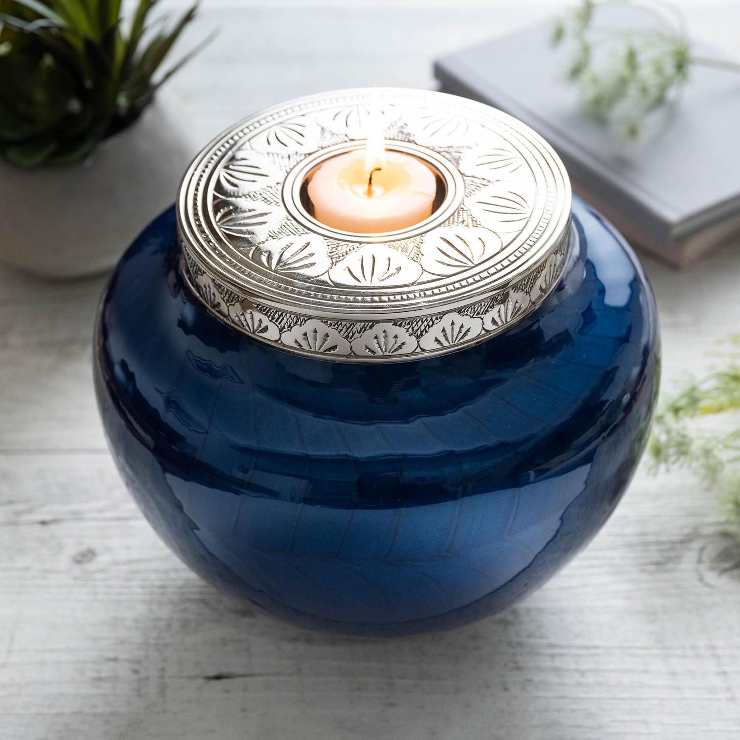 FOVERE – Mini Keepsake Urn for Human Ashes - Small Blue Cremation Urns with Elegant Silver Engraving – Holds a Small Portion of Ashes – 100% Handcrafted Decorative Urns for Human Ashes – Navy Blue