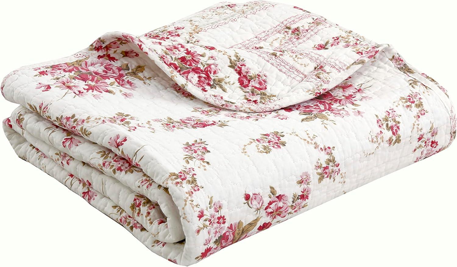 Fuchsia Pink Rose Floral Cotton Quilted Throw Blanket