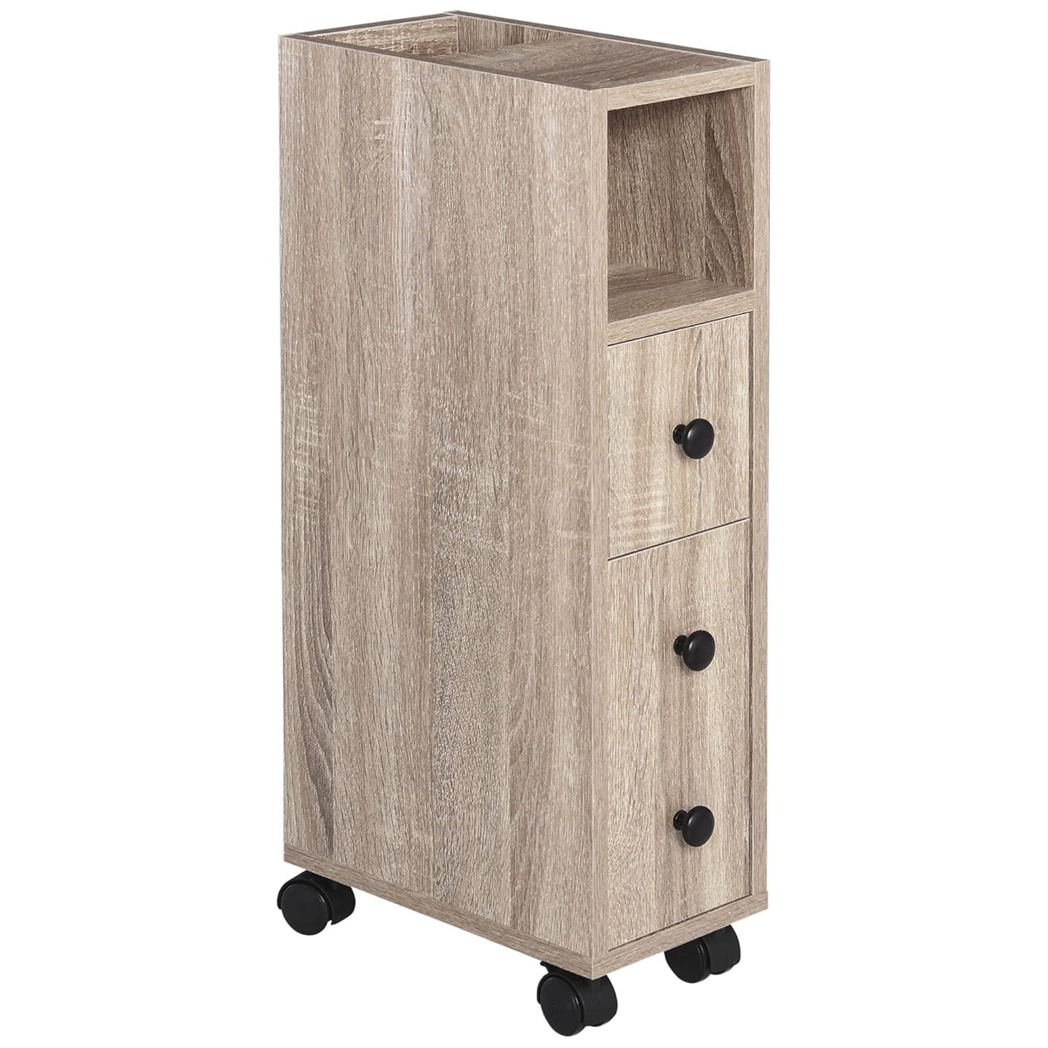 kleankin Freestanding Compact Design Bathroom Cabinet with 2 Open Cabinets, 1 Door Cabinet, 1 Drawer and 4 Rolling Wheels, Oak Grain Color