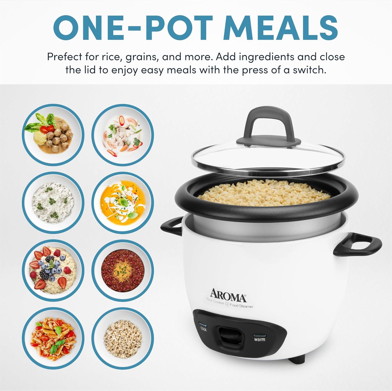 AROMA® 6-Cup (Cooked) / 1.5Qt. Rice & Grain Cooker, White, New, ARC-743G