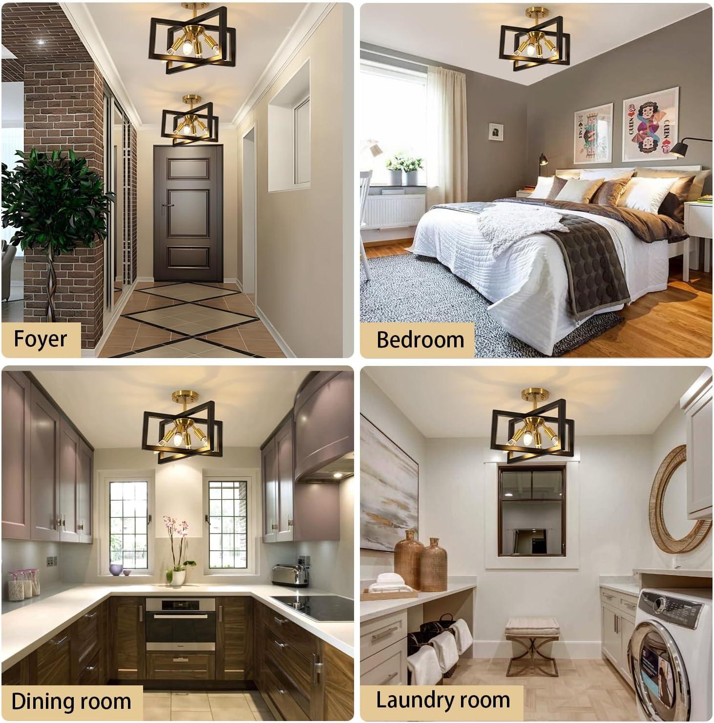 Modern Industrial Semi Flush Mount Ceiling Lighting, Farmhouse Black Gold Close to Ceiling Light Fixture, 4-Light Metal Square Ceiling Light