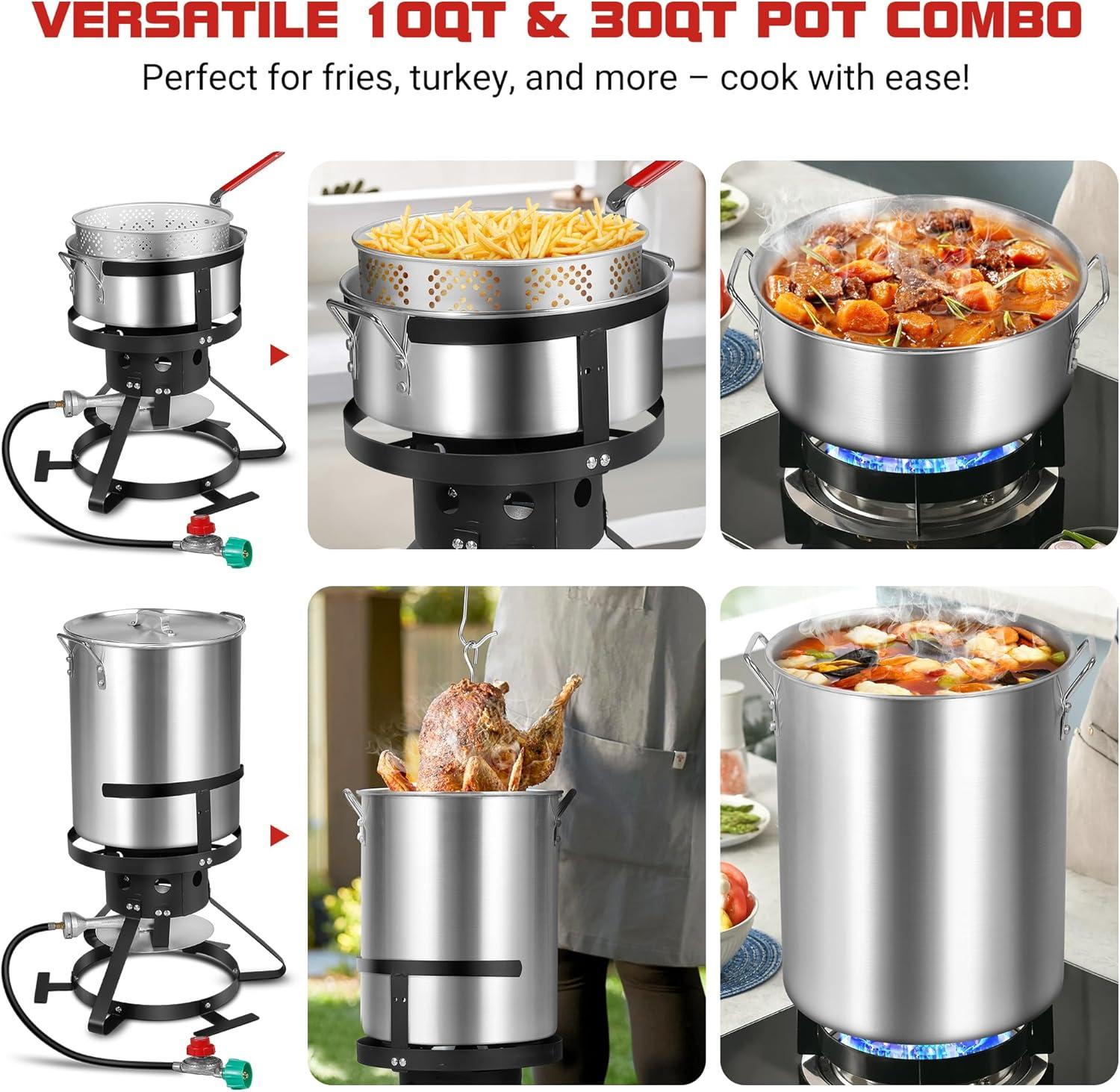 30 Qt Turkey Deep Fryer & 10QT Fish Fryer Kit w/Baskets,Aluminum Fish & Seafood Boiler Steamer with 54,000 BTU Propane Gas Burner Stand Injector Thermometer Hose