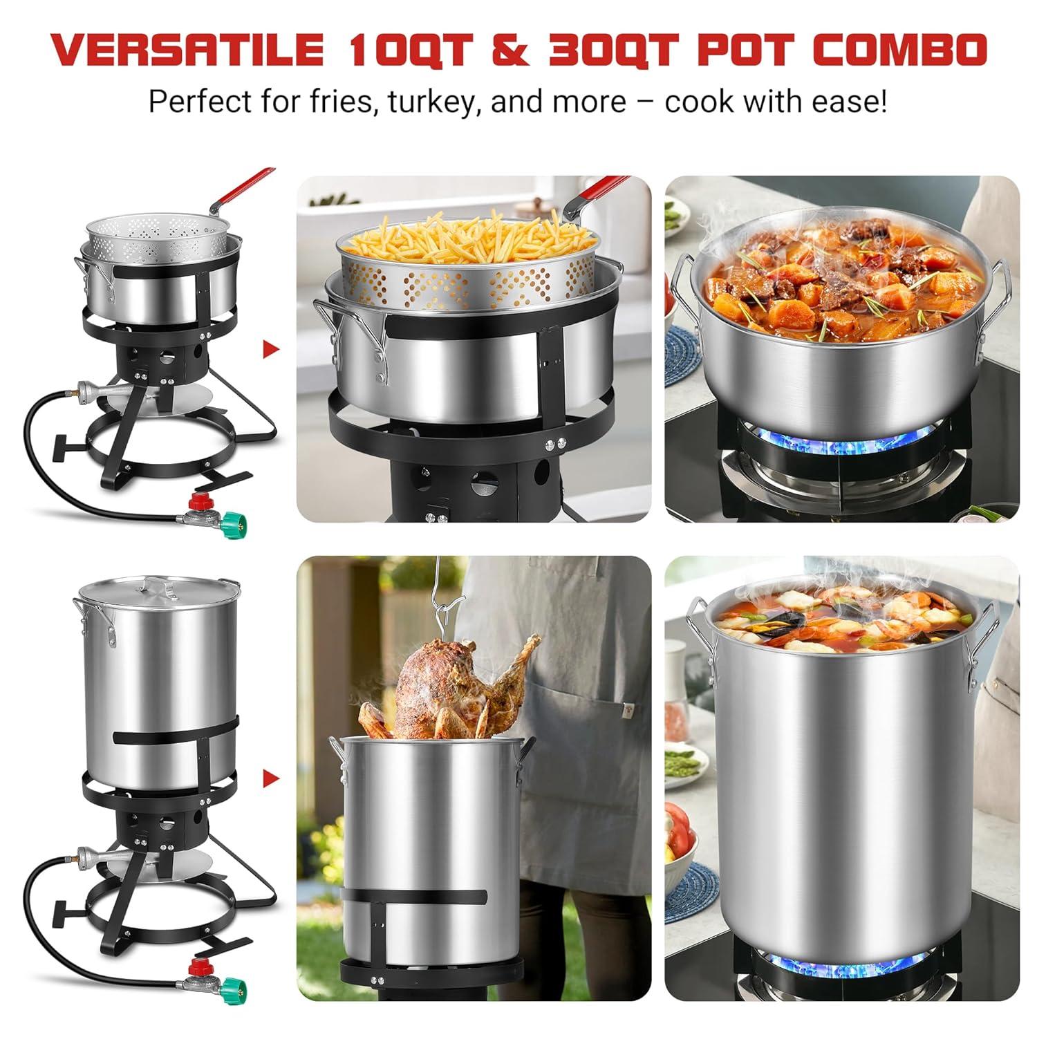 Outvita 30 Qt Turkey Deep Fryer & 10QT Fish Fryer Kit w/Baskets,Aluminum Fish & Seafood Boiler Steamer with 54,000 BTU Propane Gas Burner Stand Injector Thermometer Hose, Ideal for Outdoor Fry