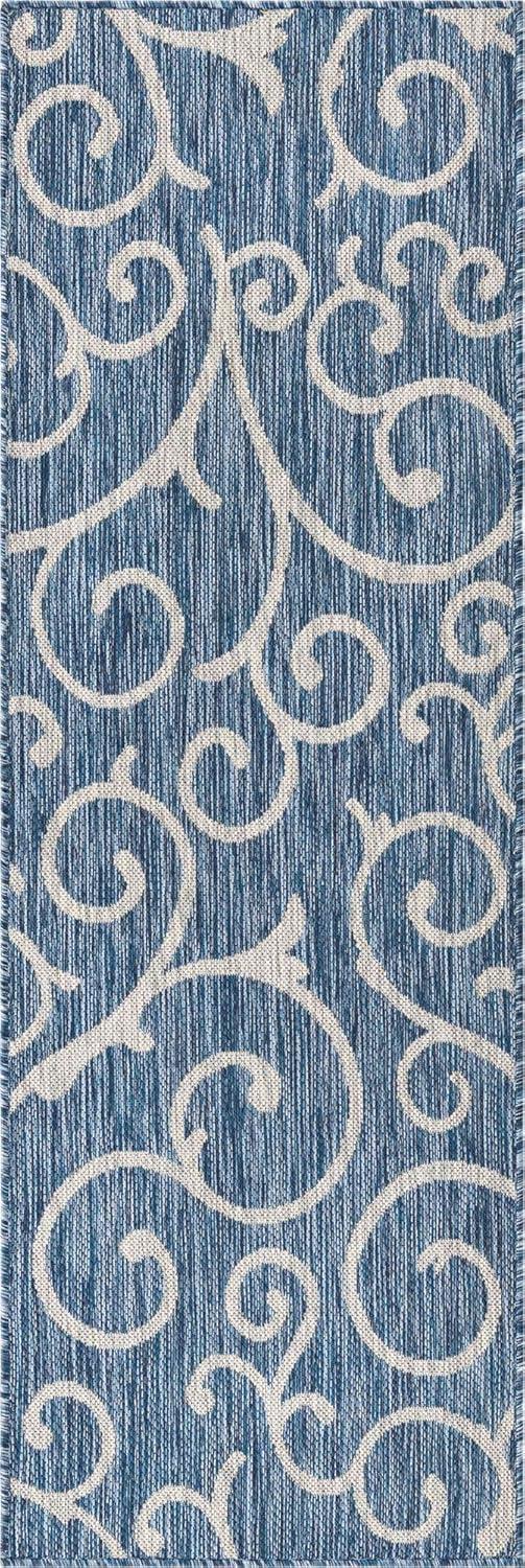 Unique Loom Outdoor Botanical Collection Area Rug - Curl (2' x 6' 1" Runner Blue/Ivory)