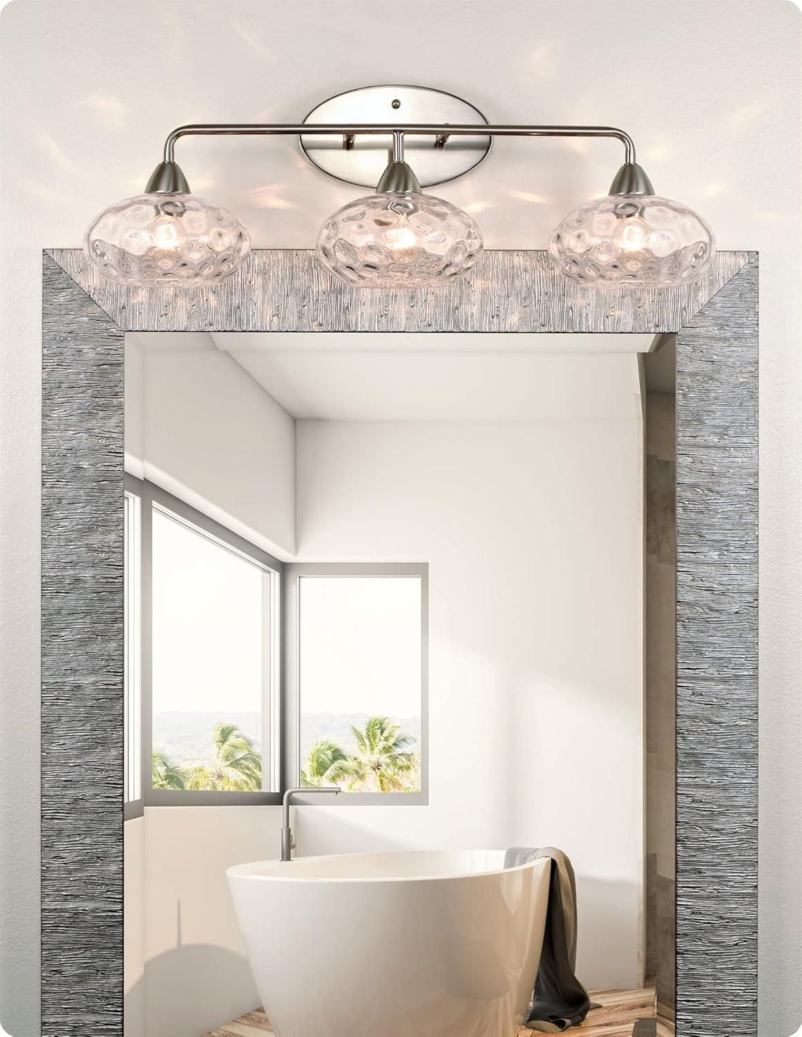 Kira Home Marina 26" Modern 3-Light Vanity/Bathroom Light + Hammered Glass Shades, Brushed Nickel Finish