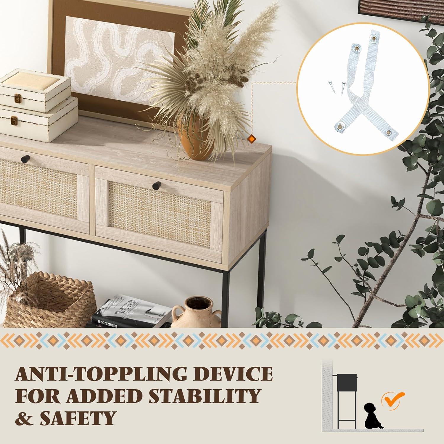 Spaco Rattan Console Table Boho Entryway Table with 2 Rattan Drawers and Open Storage Shelf-Oak, Entryway Table Hallway Table, Storage-Friendly Hallway Table for Foyer & Entry Spaces