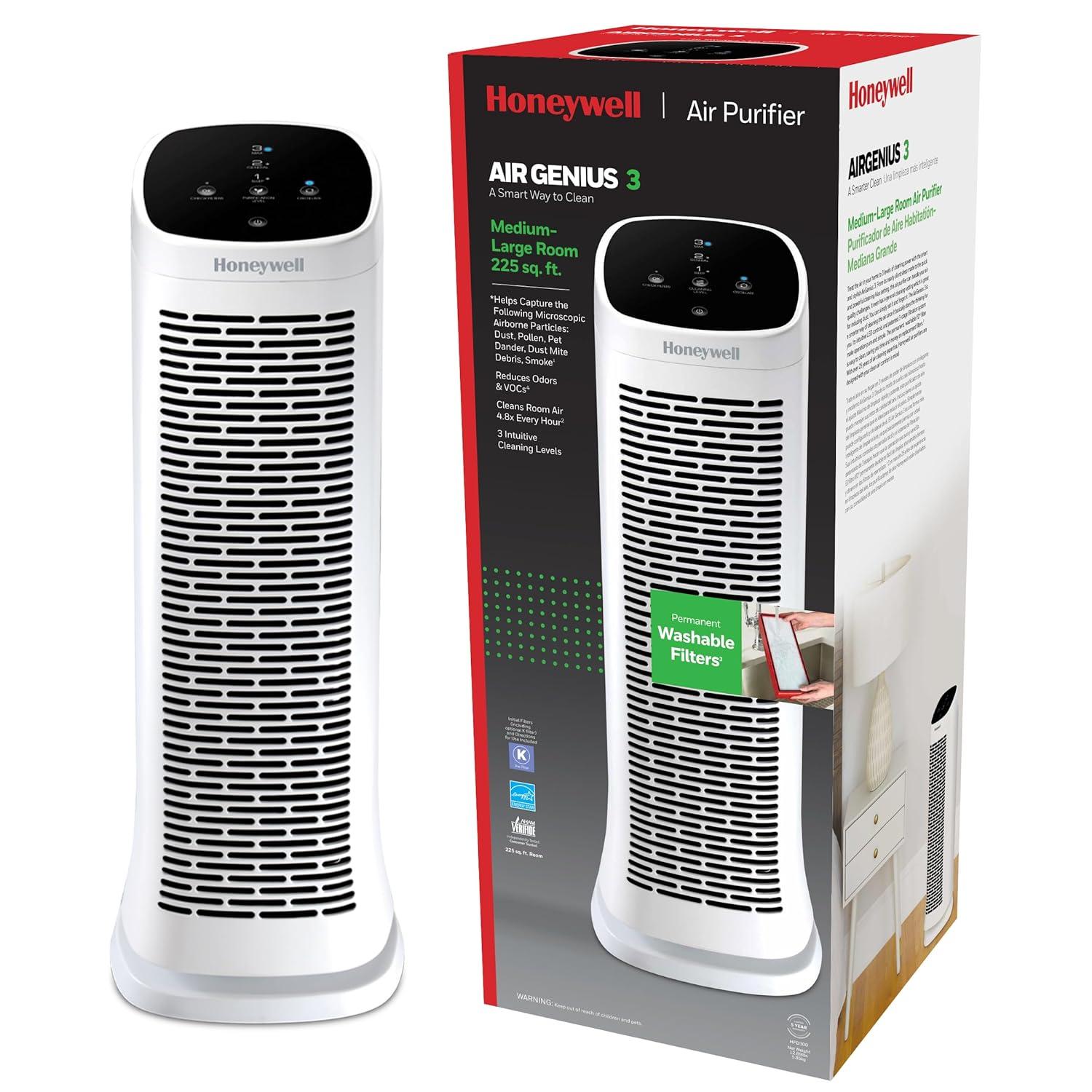 Honeywell Air Purifier, HFD300, 225 sq ft, ifD Particle Washable Filter, Allergen, Smoke, Pollen, Dust Reducer