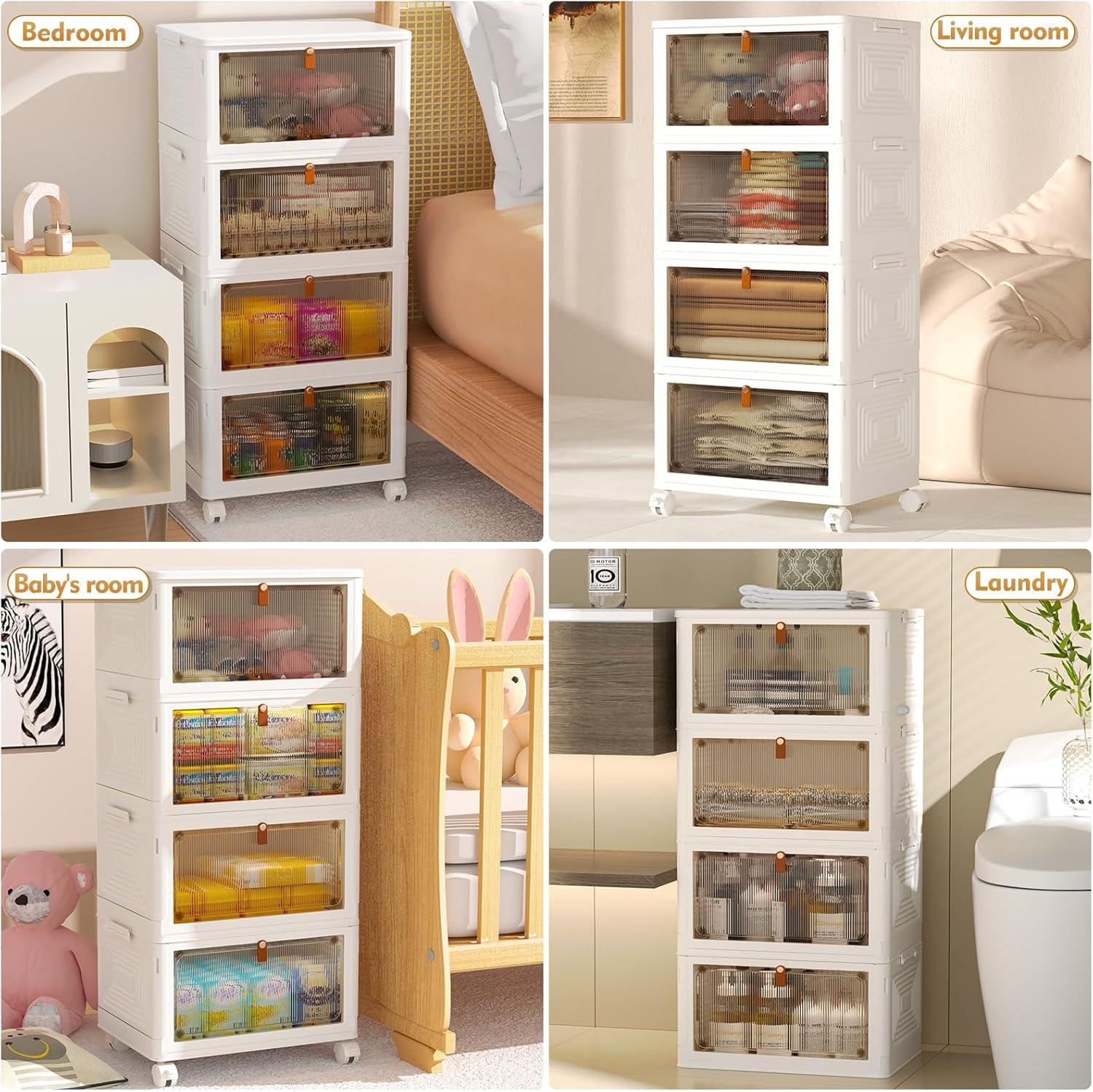 4 Tier Plastic Storage Bins with Lids 23QT, Stackable Storage Containers with Wheels, Folding Storage Boxes, Collapsible Storage Bins, Closet Organizers and Storage for Living Room,Office,Dorm