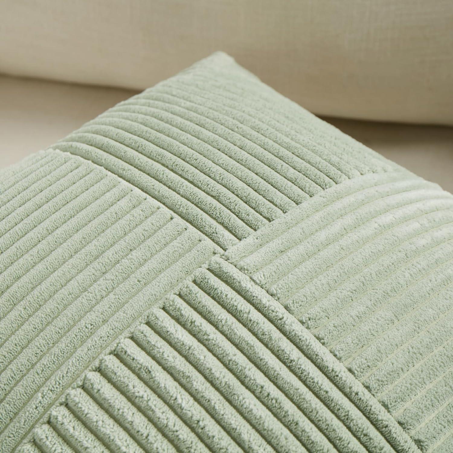 Boho Sage Green Striped Corduroy Pillow Covers - Set of 2 | Farmhouse Rectangle Cushion Cases for Sofa Couch Bed | Soft Decorative Throw Pillowcases - 12x20 Inch Home Decor