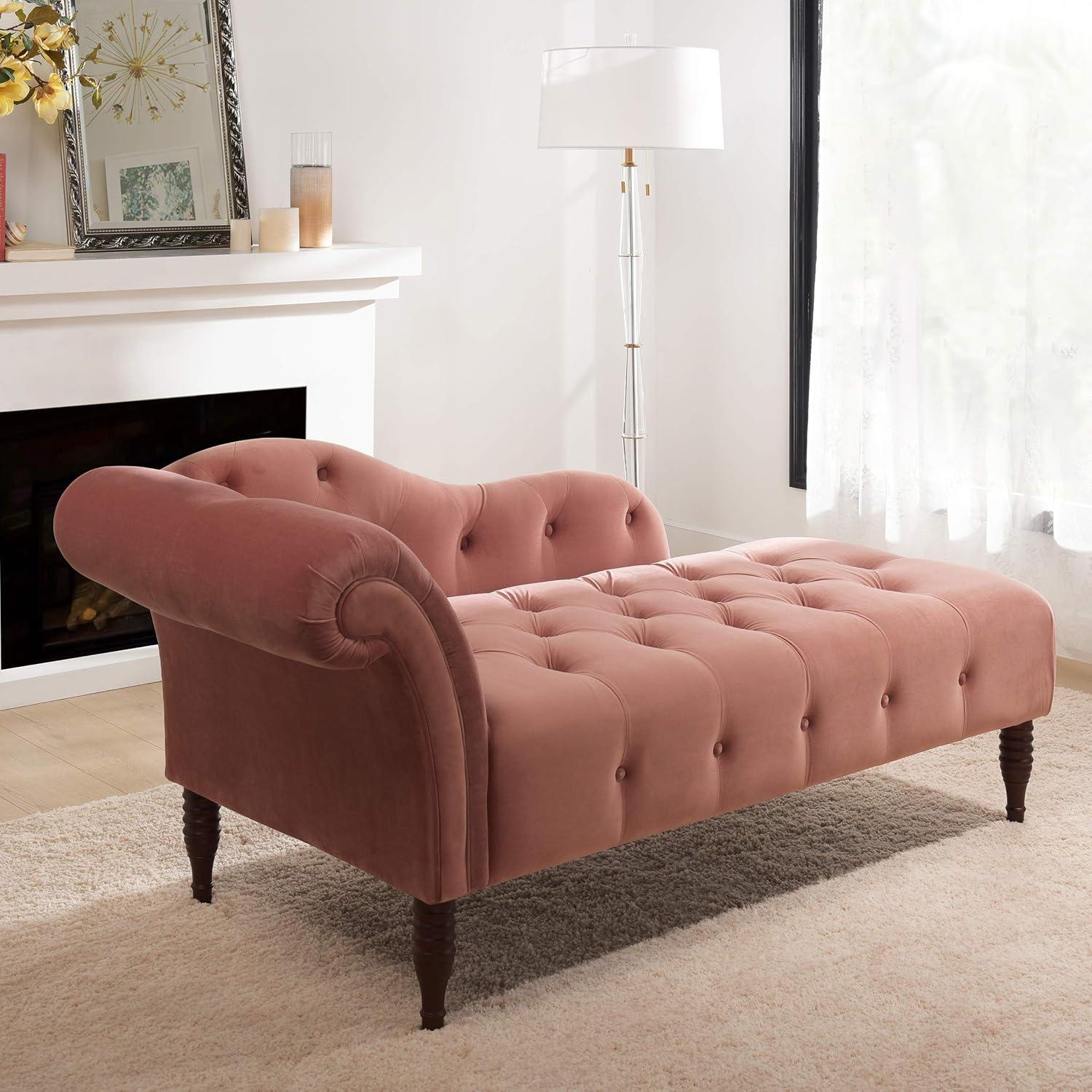 Ash Rose Velvet Handcrafted Chaise Lounge with Tufted Roll Arm