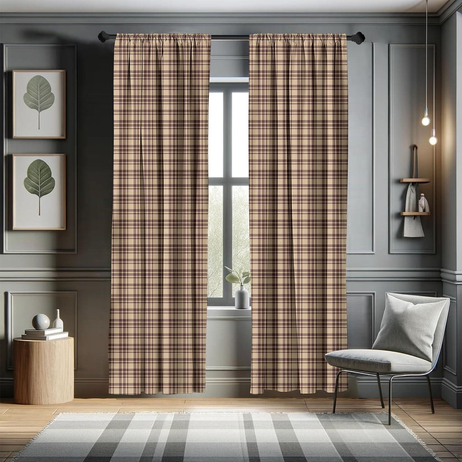 Ambesonne Plaid Curtains, Old Fashioned Tartan, Pair of 28"x63", Tan Brown