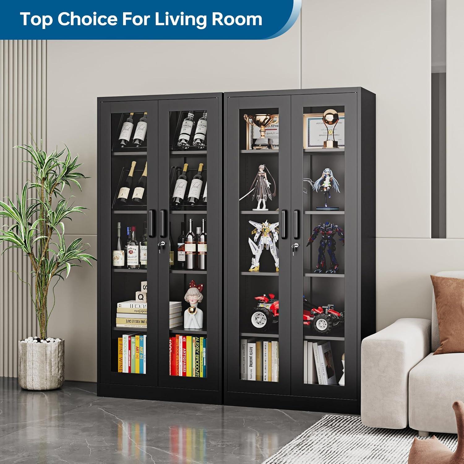Display Cabinet With Glass Doors, Curio Cabinets With 4 Adjustable Shelves, Locking Glass Cabinet Display Case For Home, Office, Clinic, Pantry, Assemble Required