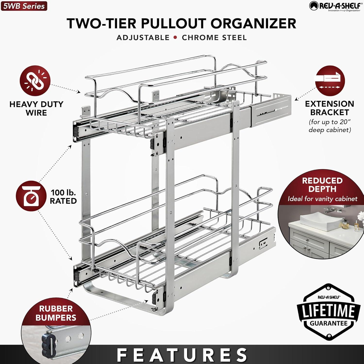 Rev-A-Shelf 5WB2 2-Tier Wire Basket Pull Out Shelf Storage for Kitchen Base Cabinet Organization, Chrome