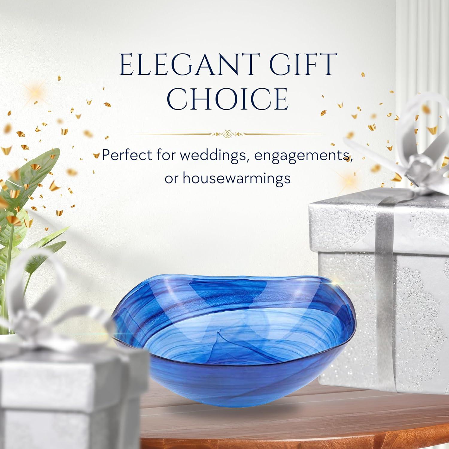 Badash Decorative Glass Serving Bowl, Alabaster Glass Centerpiece Fruit Bowl, Home Décor Table Accent Bowl, 10” Diameter, Cobalt Blue