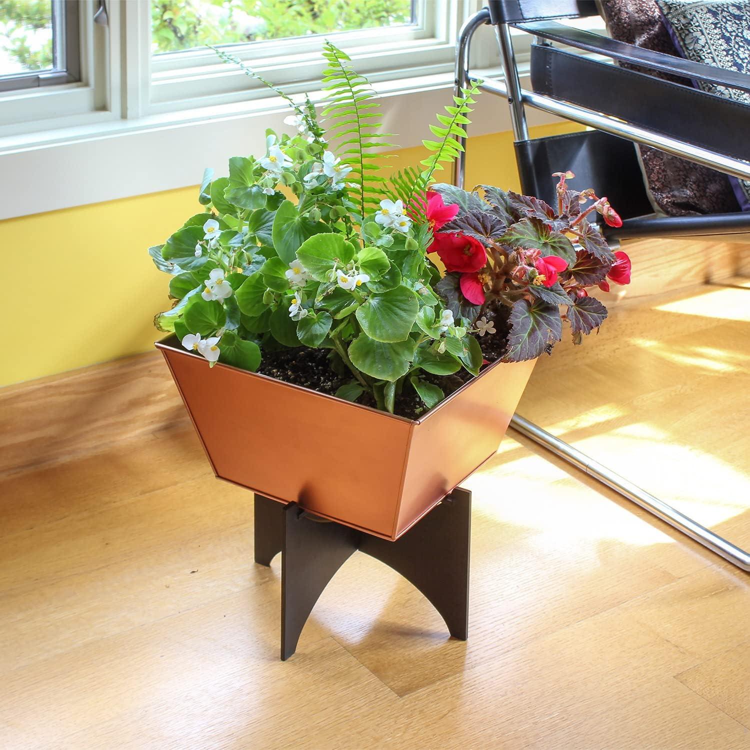 Copper Plated Square Plant Pot with Black Iron Stand