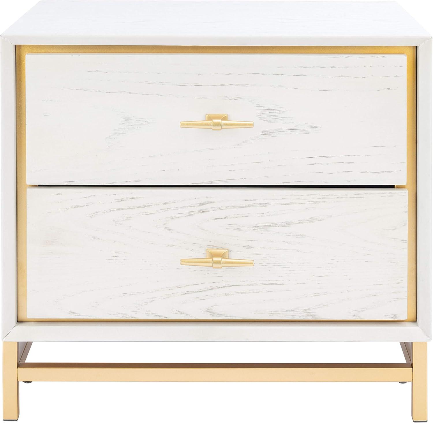 SAFAVIEH Fenno Glam 2 Drawer Nightstand, White Washed/Brass