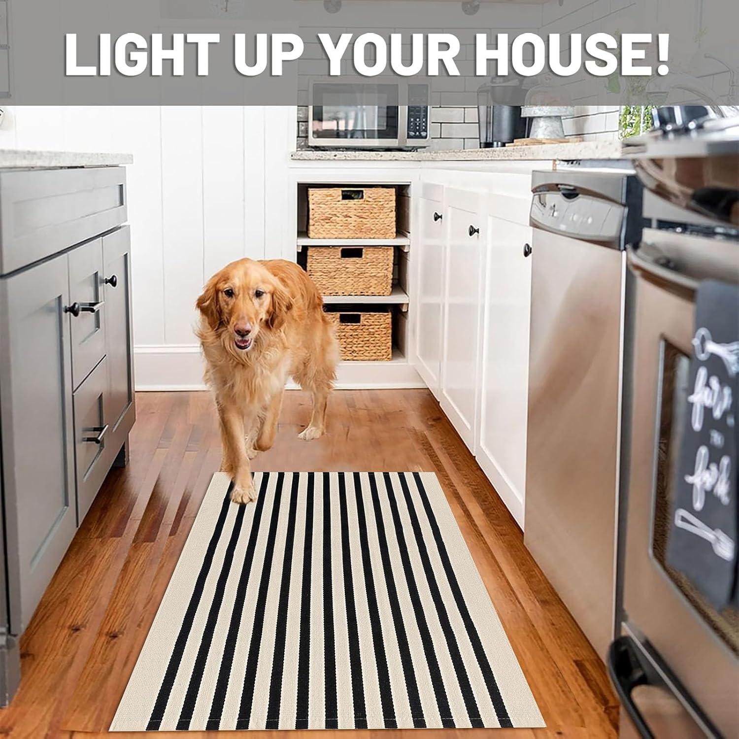 IOHOUZE Navy and White Striped Rug 2'x3' Front Door Rugs, Small Washable Area Rug for Front Porch, Spring Summer Doormats Outdoor Indoor, Cotton Rugs for Entryway Porch Entrance