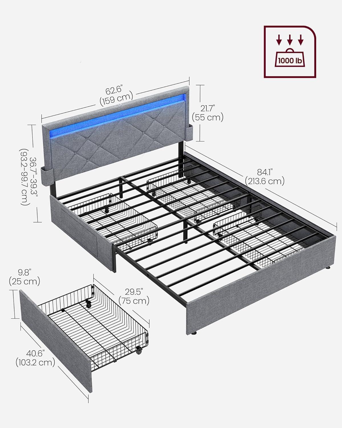 Queen Size LED Bed Frame with Headboard and 4 Drawers Storage Adjustable Upholstered Headboard 1 USB Port and 1 Type C PortNo Box Spring Needed Light Grey