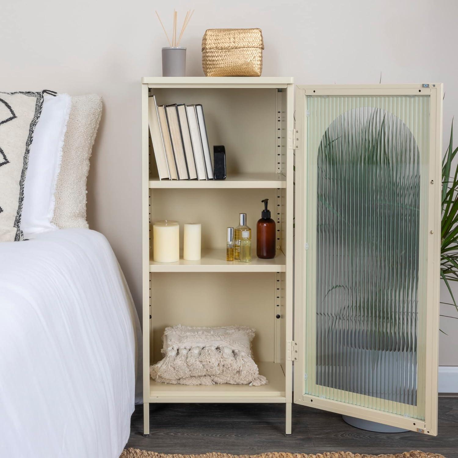 Cream Metal Accent Cabinet with Arched Glass Door and Adjustable Shelves