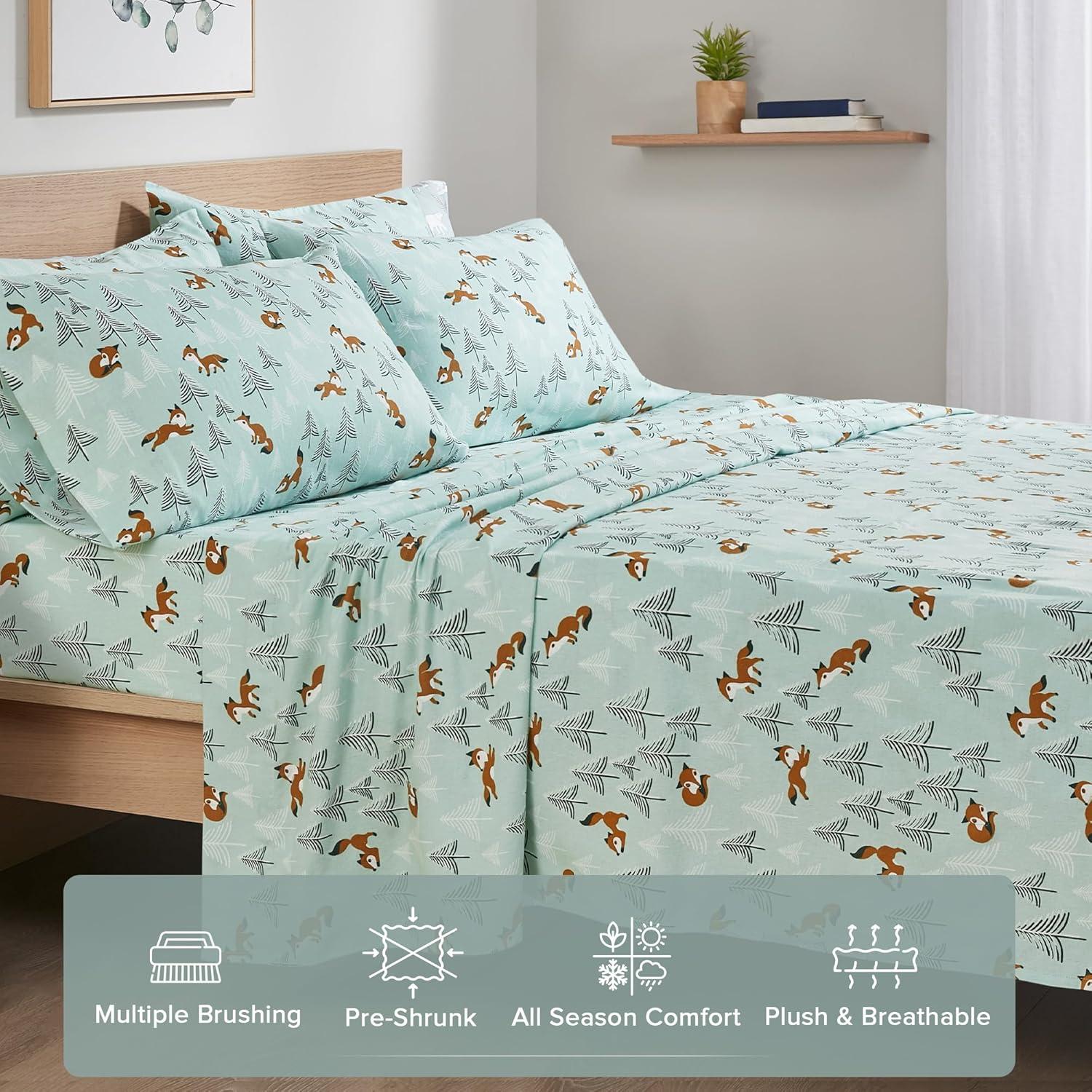 Comfort Spaces Sábanas de Franela Tamaño Queen con Bolsillo, 100% Algodón, Novalty Seafoam Foxes, Juegos de Sábanas Tamaño Queen, 4 Piezas