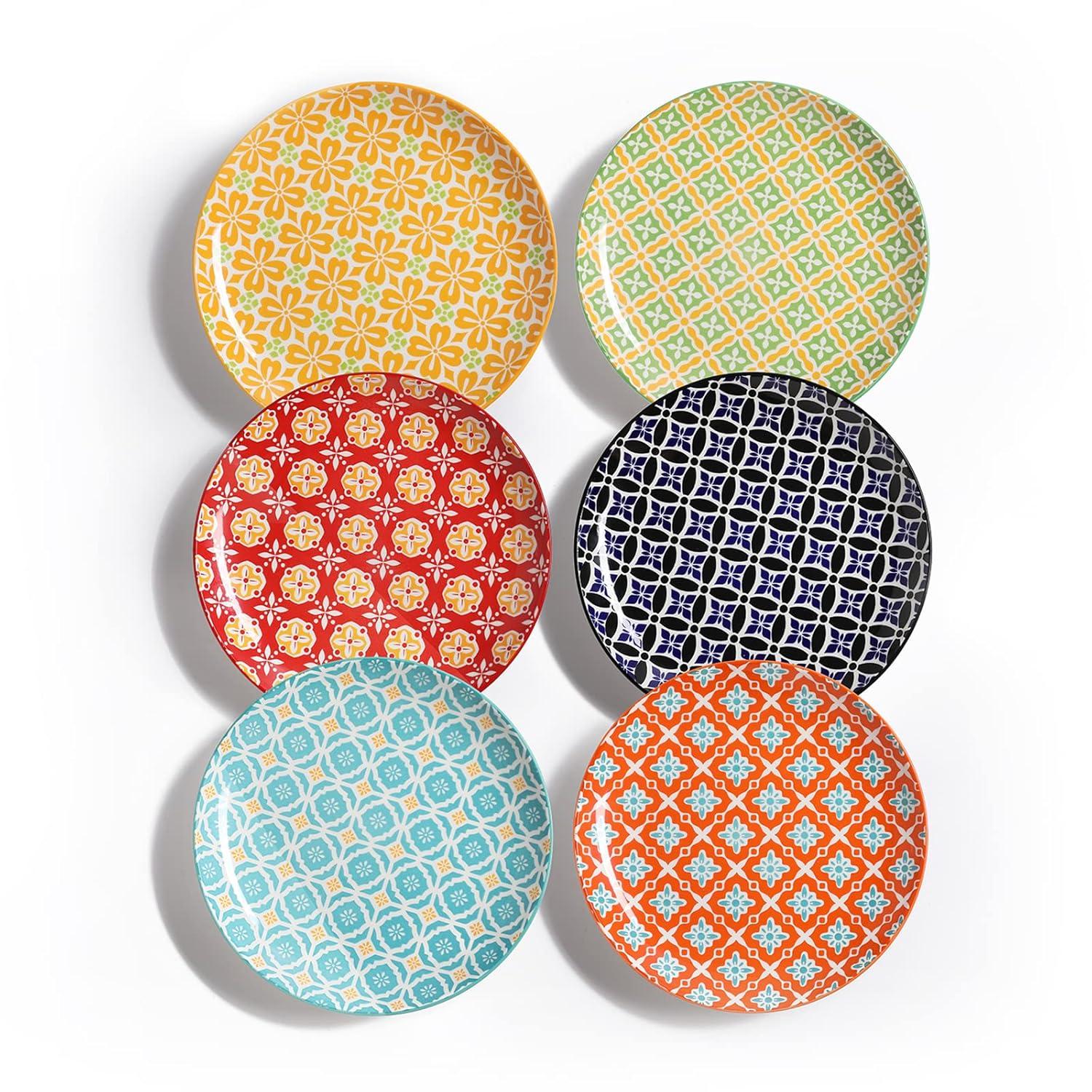 AHX Multicolor Round Plate Set 8 inch - Salad Plates - Dessert Appetizer Plates - Porcelain Lunch Plates - Set of 6
