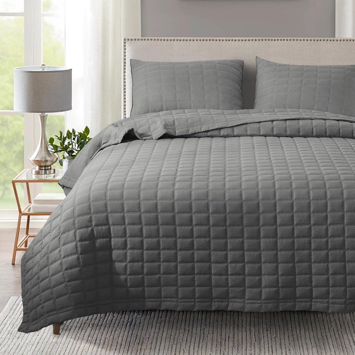 Dark Grey Reversible Microfiber Queen Quilt Set