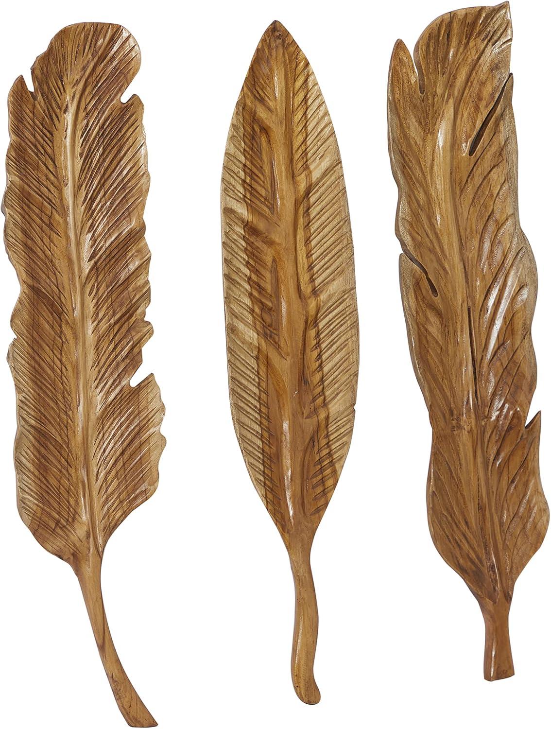 DecMode Brown Teak Wood Handmade Carved Feather Bird Wall Decor (3 Count)