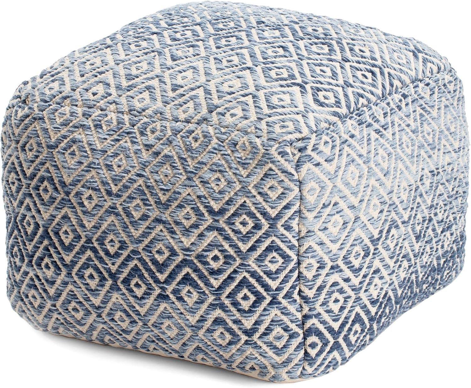 Chero Distressed Diamond 22" Square Pouf Ottoman Blue and Beige