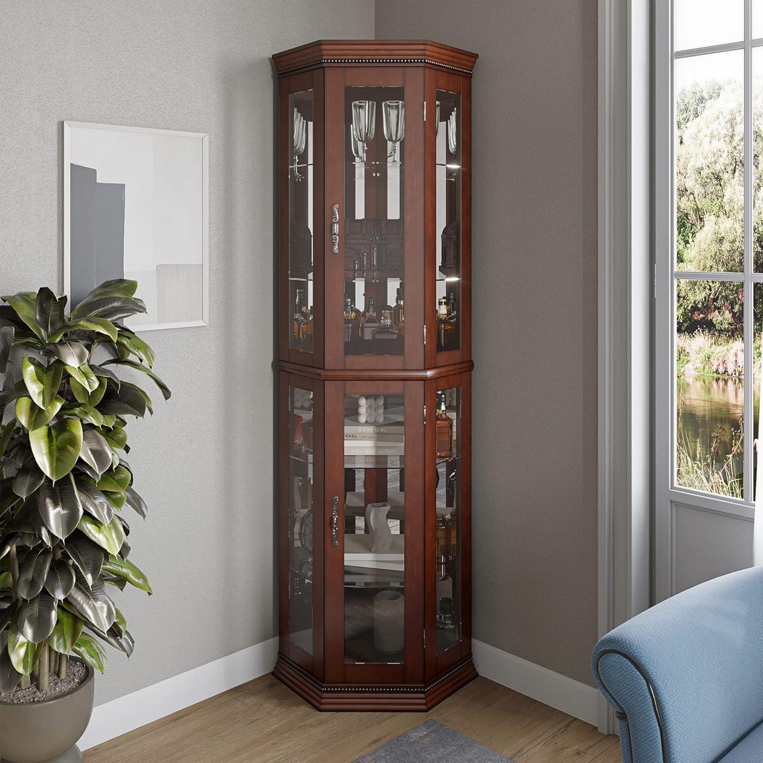 Walnut Lighted Corner Curio Cabinet with Glass Doors