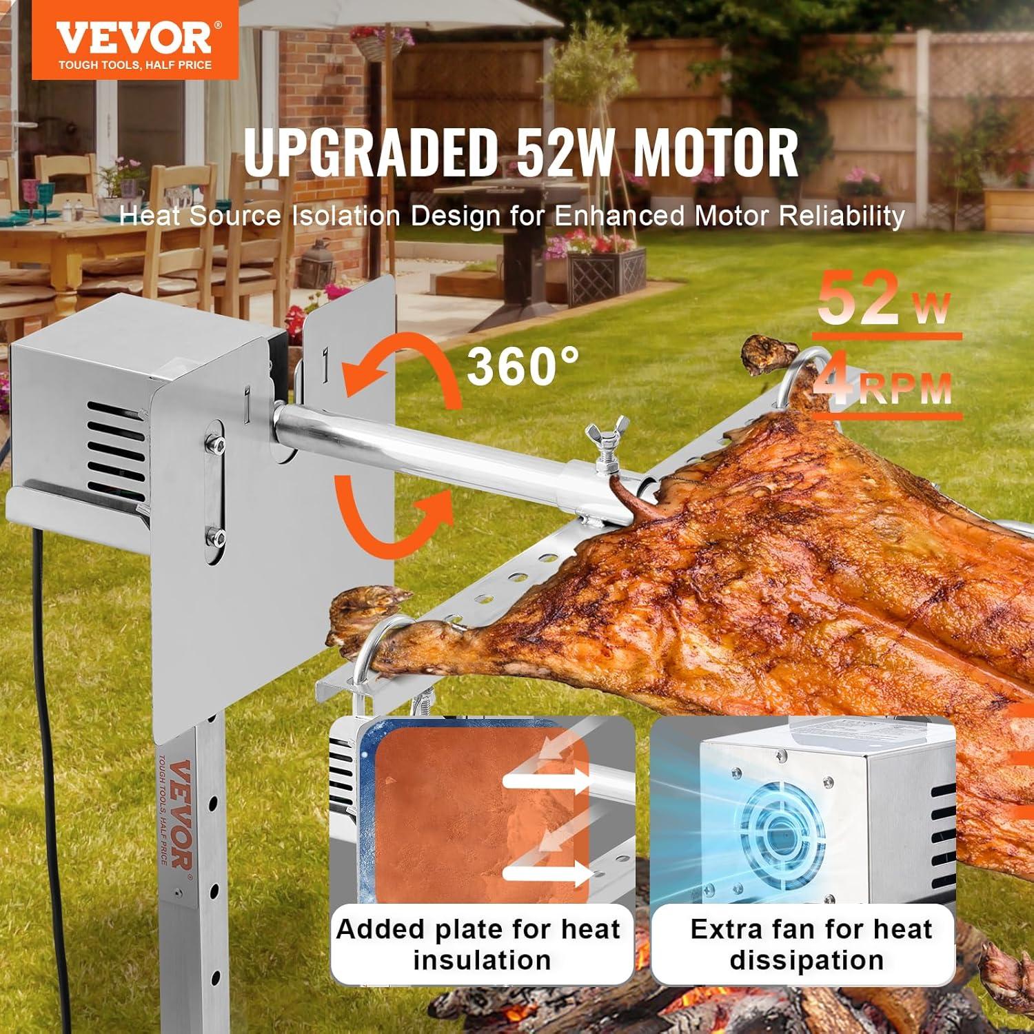 Electric BBQ Rotisserie Grill Kit, 132 lbs. Capacity, 56 in., 52W Motor, Stainless Steel, Spit Rod for Pig, Lamb